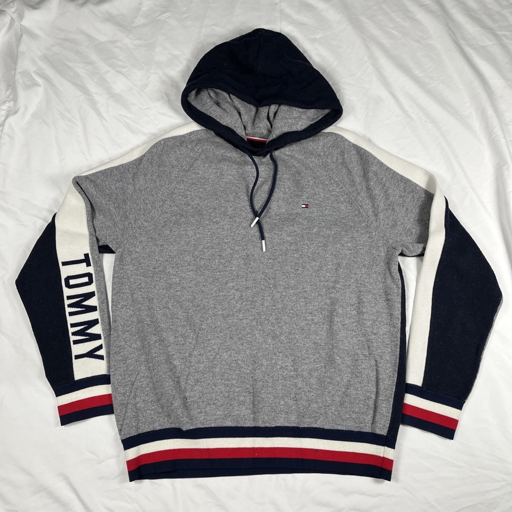 Tommy Hilfiger Hoodie Mens Large Sweatshirt Spellout Logo Cotton/ Wool Fleece